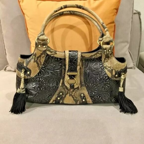 Sharif Studio Floral Embossed Tooled Leather Shoulder Bag Black & Tan Western Bo - Picture 1 of 10